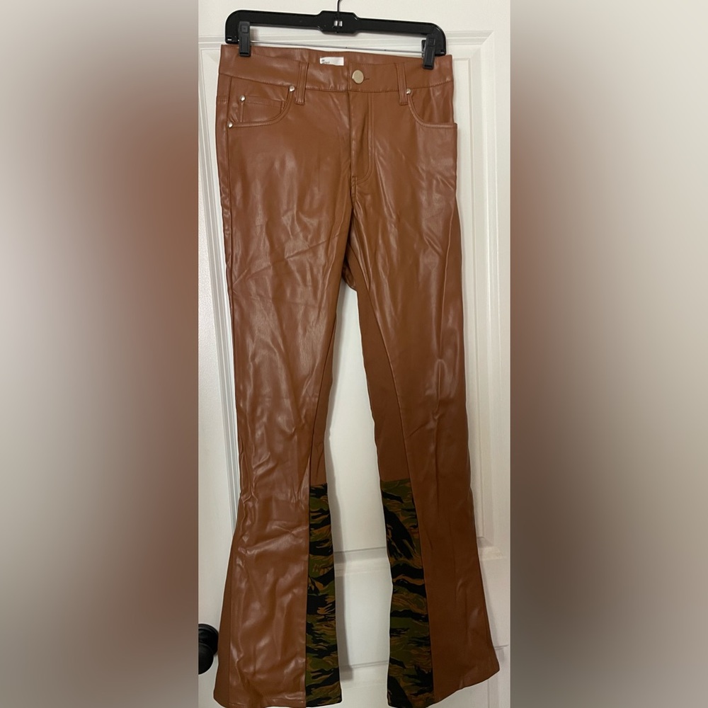 Men's Faux Leather Brown Flared Pants with Camo details-NWT-Size 30/Small